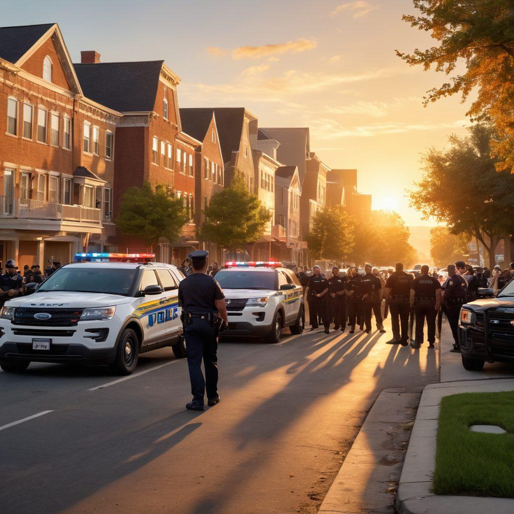 A dynamic cityscape featuring a diverse group of police officers engaging with the community, showcasing collaboration and support. Include elements like police cars, safety equipment, and neighborhood events to represent public security resources. The background should show a skyline with a setting sun that casts warm light over the scene, symbolizing hope and security. super-realistic. vibrant colors. 3D.