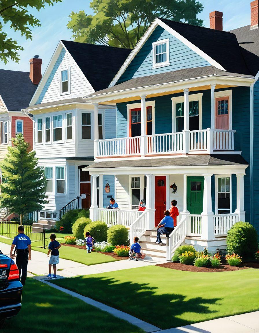 A serene neighborhood scene showcasing a diverse community interacting safely, with visible police presence in the background. Bright banners displaying 'Safety First' and 'Community Together' enhance the atmosphere. Include elements like children playing, neighbors chatting, and a patrol car, emphasizing trust and collaboration between police and citizens. super-realistic. vibrant colors. daytime.