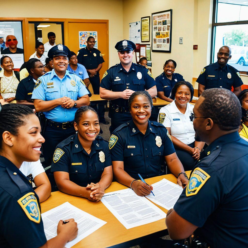 A diverse group of community members engaging in a police-community meeting, showcasing open dialogues, supportive interactions, and a sense of unity. The police officers are depicted in a friendly manner, sharing essential resources with local residents. The scene is set in a vibrant community center with informative posters on safety and news updates in the background. super-realistic. vibrant colors. uplifting atmosphere.